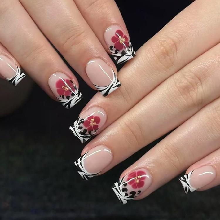 

Elegant Glitters Press On Nail 24Pieces Black Stripes Red Flower Design Plastic False Nail Comfortable Fit 1