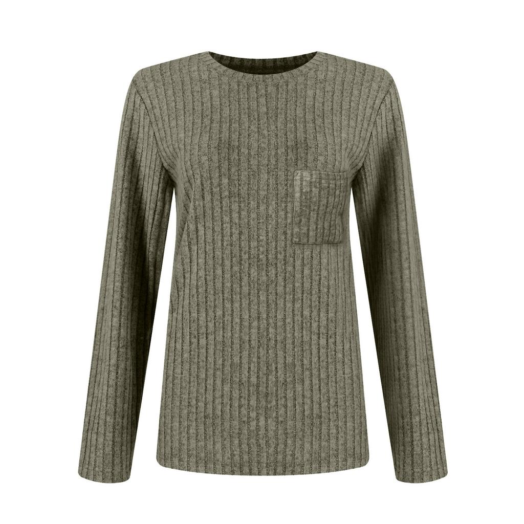 Women's Casual Long Sleeve Ribbed Knit Top with Pocket, Soft and Comfortable Pullover for Everyday Wear