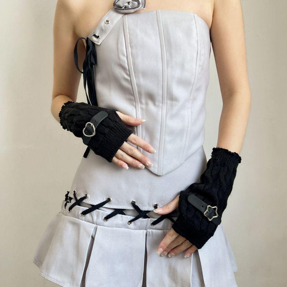Elastic Knitted Arm Warmers Star Fingerless Gloves Streetwear Y2K Warm Sleeves  Girl Party