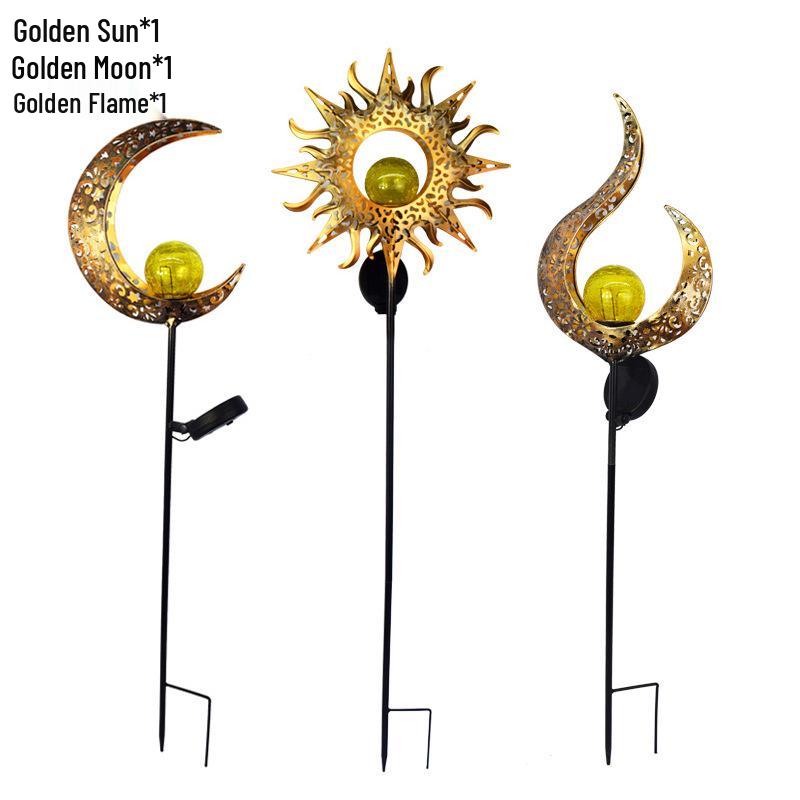 Antique Iron Art Solar Garden Lights: Moon & Sun Design Landscape Spotlight