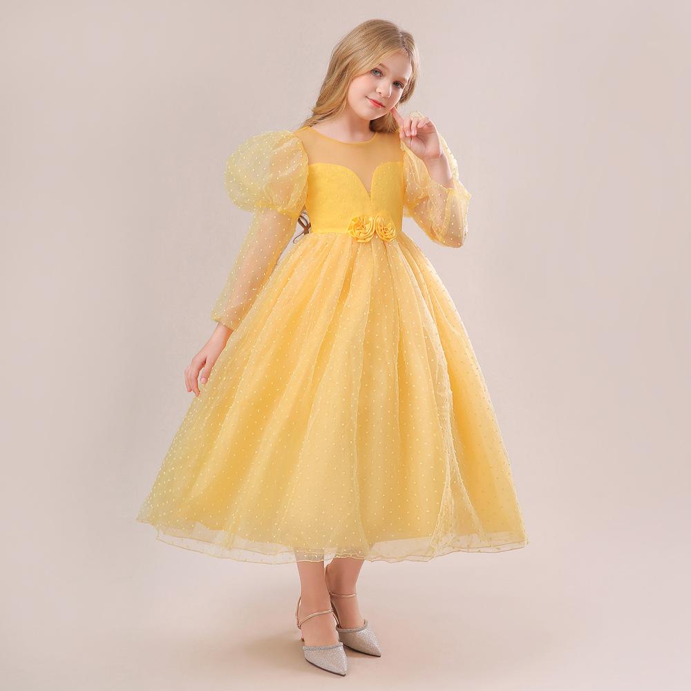 4-14 Years Girls Stereo Flower Gigot Sleeve Tie Back Mesh Party Sequins Bridesmaid Wedding Floral Plain Dress 2023