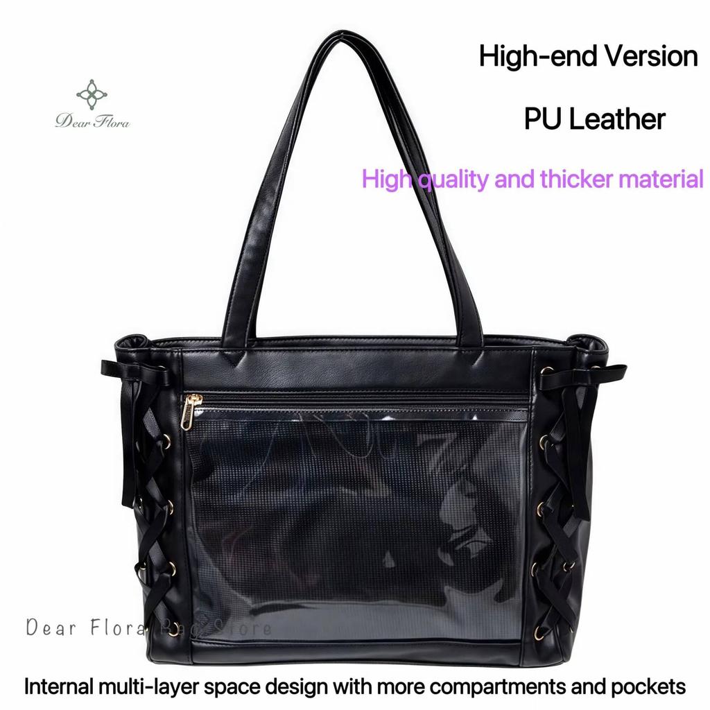 Japanese Sweet Women Ribbon Ita Bag Fashion Large Capacity Tote Bag Aesthetic Shoulder Bag Cute Lolita Girl Transparent Handbags