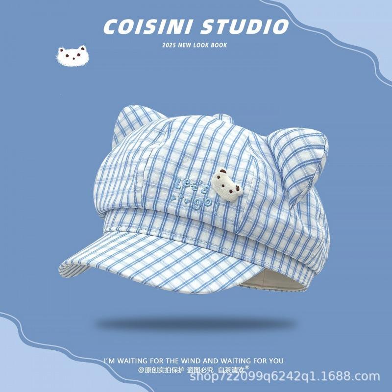 Japanese Cute Bear Plaid Ears Octagonal Hat Female Spring And Summer Thin Y2K Sweet Face Little Beret