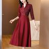 Red Festive Waist-closing V-neck Mid-length Skirt Autumn Updated Style Young Mother Dress Women