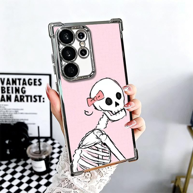 Pink Style Skull Witch Plating Phone Case For Samsung Galaxy S24 S25 FE S26 Edge S23 Ultra S22 S21 Plus S20 Anti-Fall Airabag Co