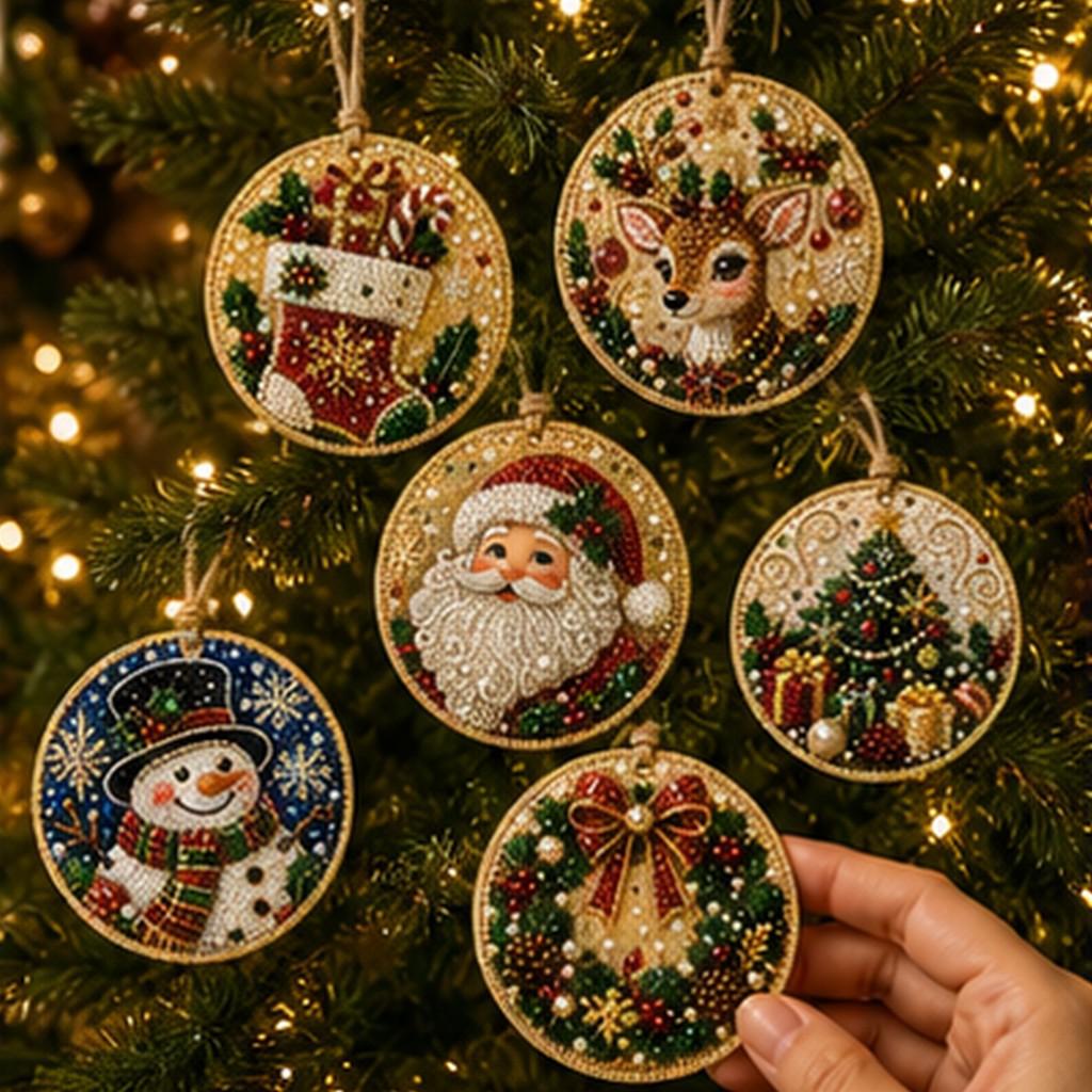 6 PCS Wooden Christmas Ornaments DIY Pearl Art Kit with Pearls - Special Shaped Gems Jute Hemp Rope for Hanging - 3D Diamond Art Holiday Tree