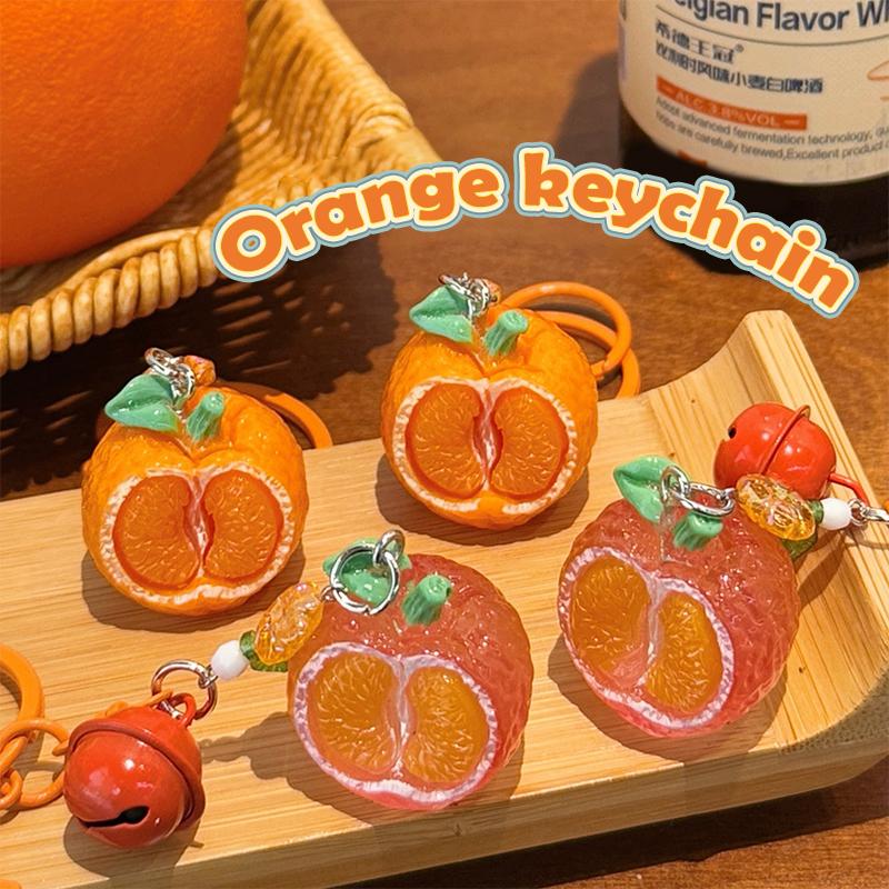 Creative 3D Orange Keychain Bell Pendant Decorative Backpack Accessories Cute Resin Fruit Keychain Couple Small Gift