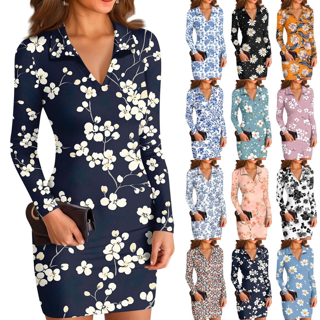 Rochie de damă cu gât în V, casual, cu imprimeu, cu mâneci lungi, cambrată