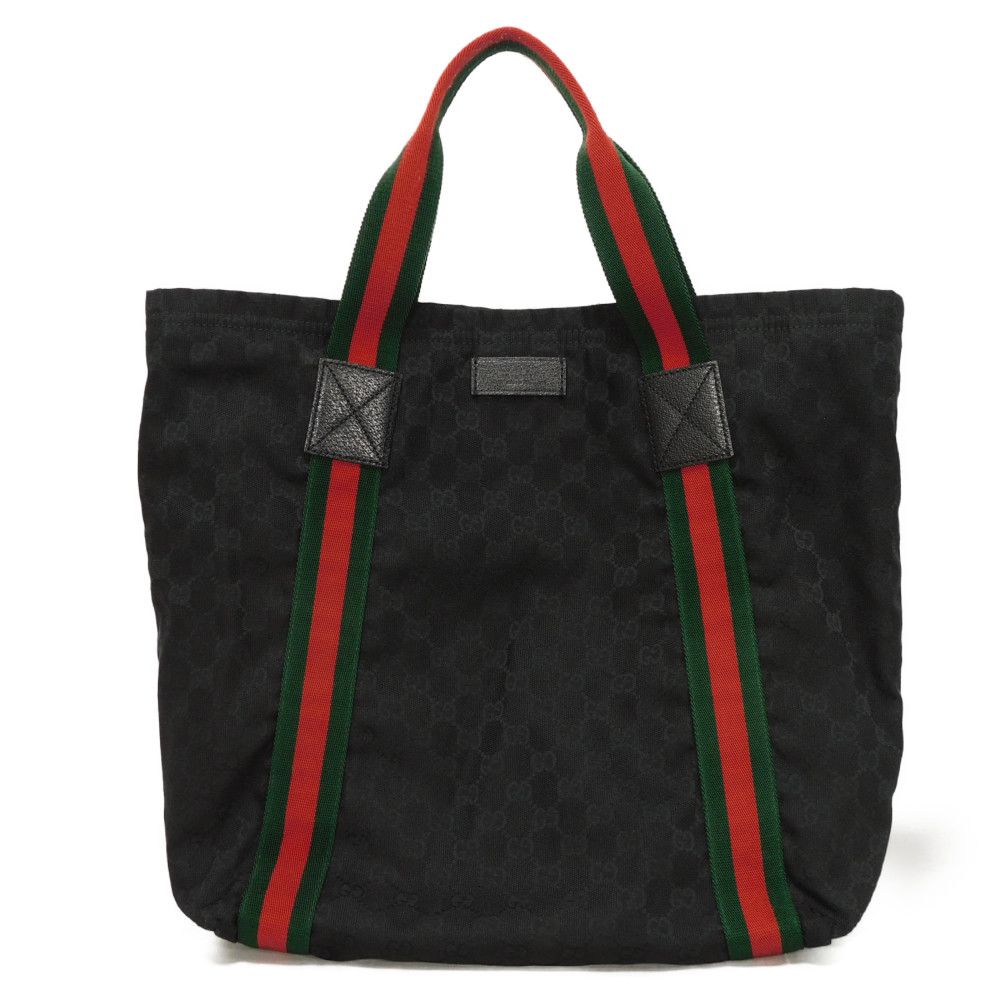 Used 9539 GG Canvas Tote 189669 7924 A4 Cotton Calfskin Web Stripe Green Red Logo Embossed Black Unisex from Japan