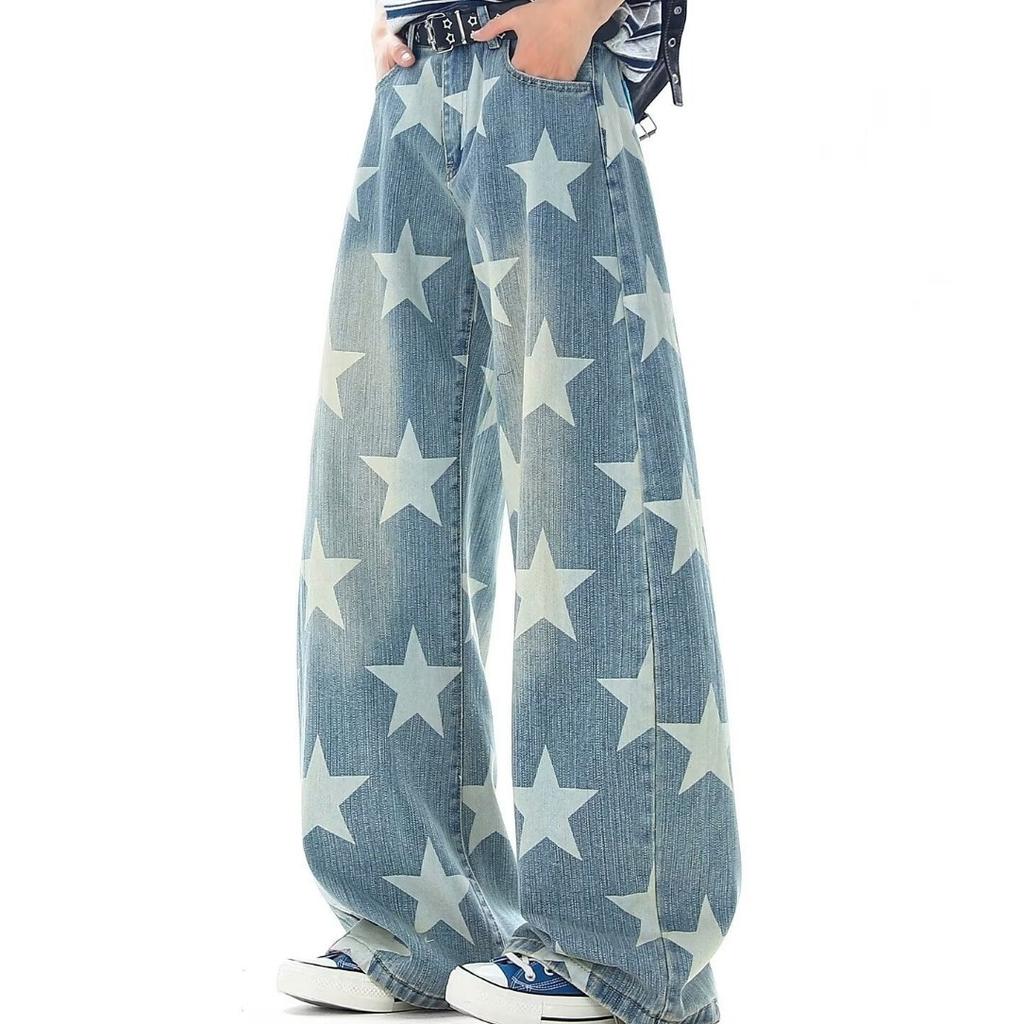 American retro star-printed denim trendy pants spring and autumn new design loose straight loose wide-leg pants