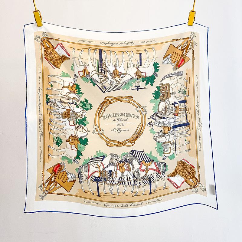 Spring New Harness Double Crepe Handmade Hemming Silk Scarf Fashion Light Luxury 70 Silk Square Scarf 100% Mulberry Silk Silk Scarf