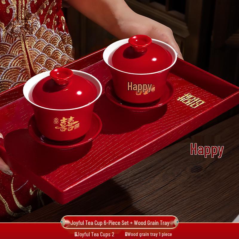 Red Wedding Tea Set: Teacups, Bowls, Chopsticks for Toasting & Dowry