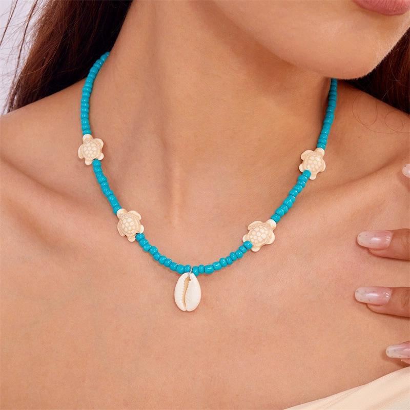 Summer Dopamine Beach Turtle Shell Rice Bead Necklace Card Neck Chain Bohemian Holiday Wind Necklace Female