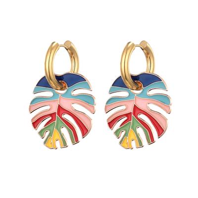 Orecchini a cerchio rotondi smaltati colorati con ciondolo a foglia grande in acciaio inossidabile color oro per donna Gioielli Statement Vintage