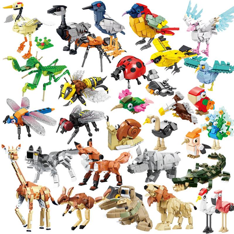 MOC Puzzle Zvířecí Stavební Kostky Včela Tygr Lev Žirafa Žába Krokodýli Liška Pták Divoké Prase Hmyz Mini DIY Cihlová Hračka Dárek F029