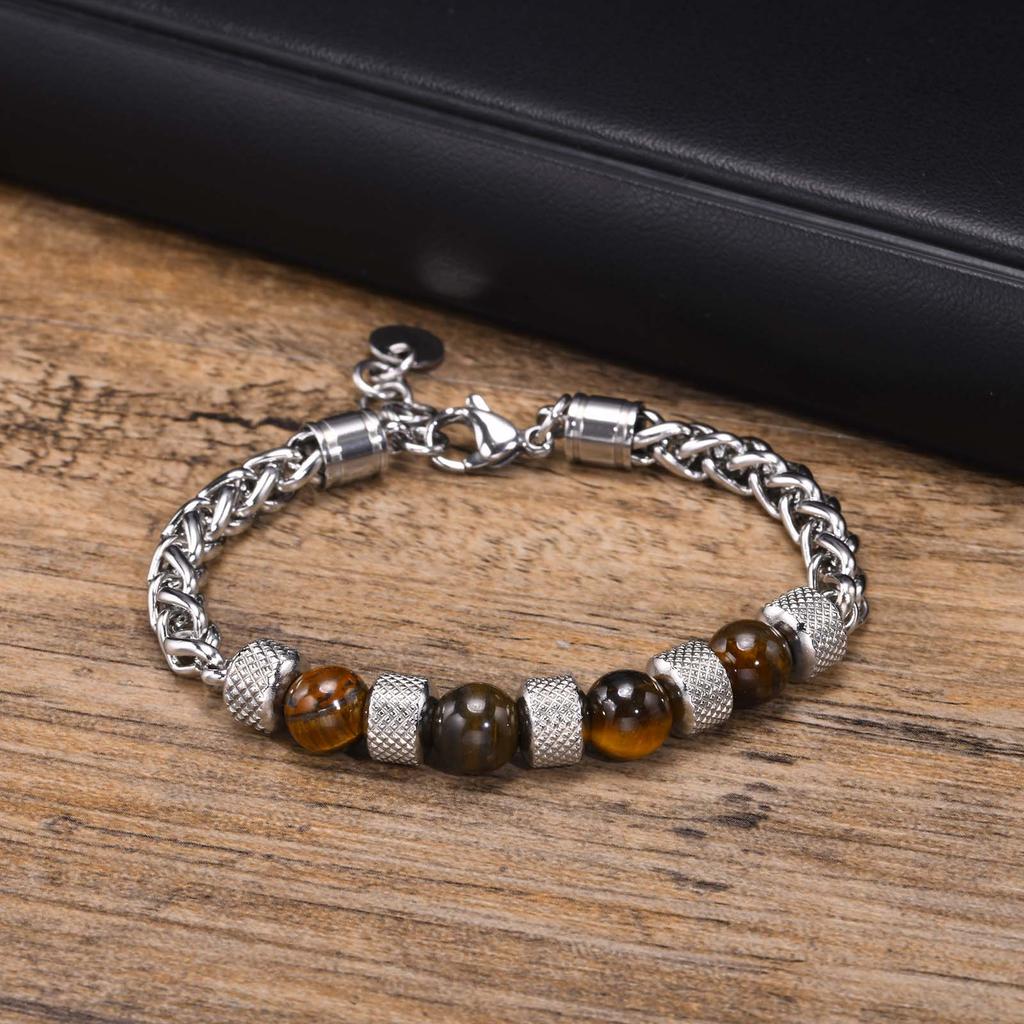 Herren Armbänder mit Perlen, Armband mit Gliedern aus Edelstahl und Natursteinen, Weihnachts- und Geburtstagsgeschenke für Papa, Ehemann, Sohn