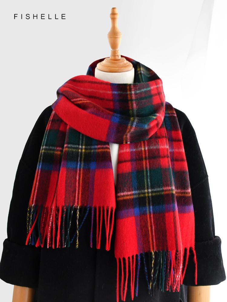 Red Plaid 100% Wool Scarf Autumn Winter for Women's Wraps Soft Warm Men Scarves Shawl Thin Lady Luxury Gifts British Style