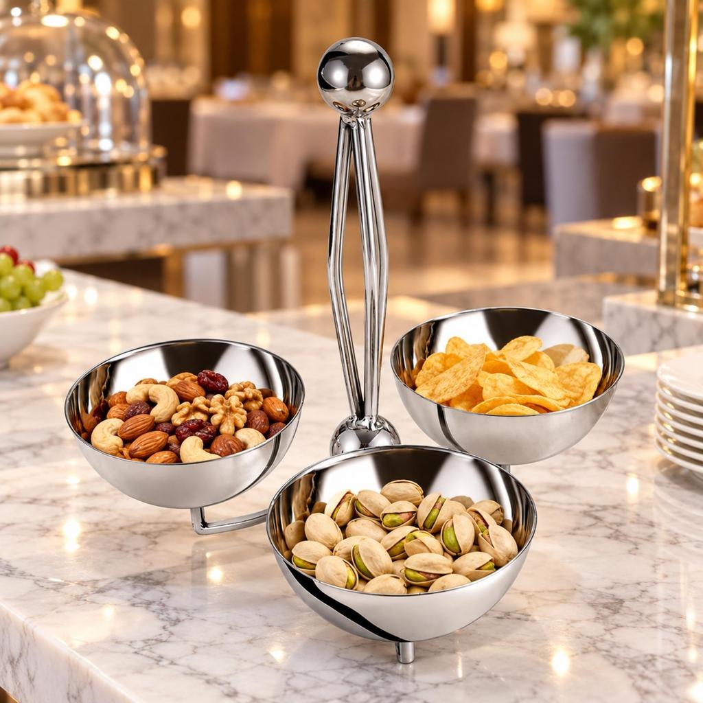 ThreeCompartment Stainless Steel Snack Stand with Bowls Polished Serving Bowl