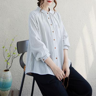 Literarisches Baumwoll- und Leinen-Streifen-Langarmhemd für Lockeren Herbst Neues Oberteil Lässig Vielseitige Knopf-Strickjacke für Damen