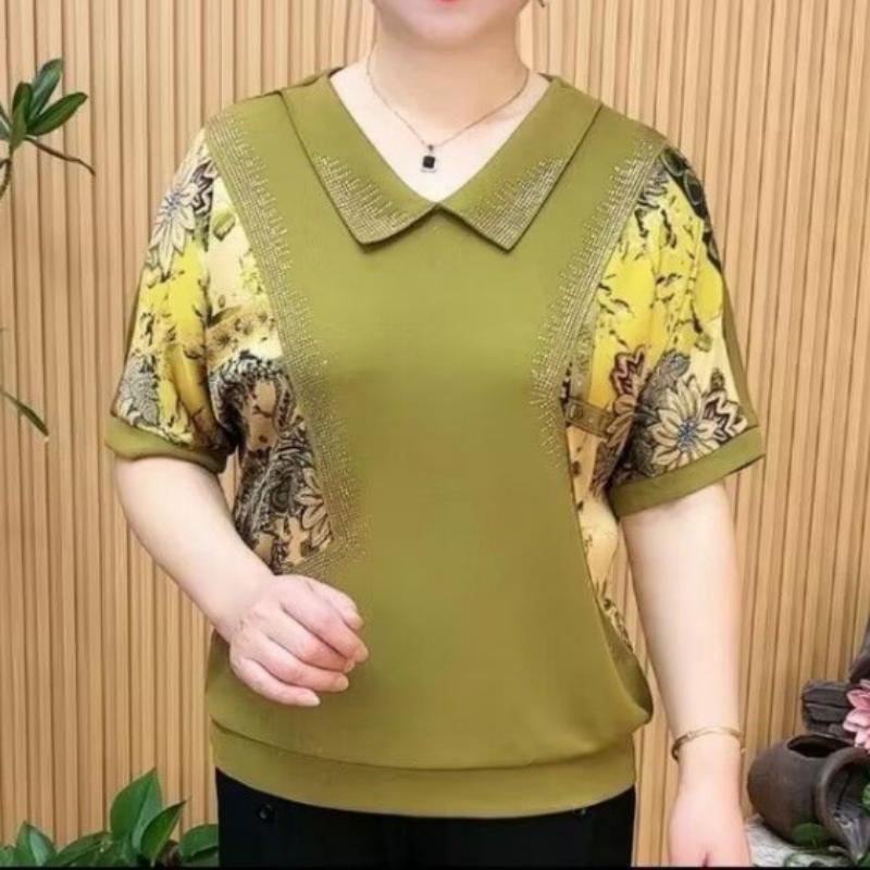 Vintage Women Clothing Floral Print T-shirt Summer New Fashion Short Sleeve Diamond Big Size Loose Red Elegant Casual Tees Tops