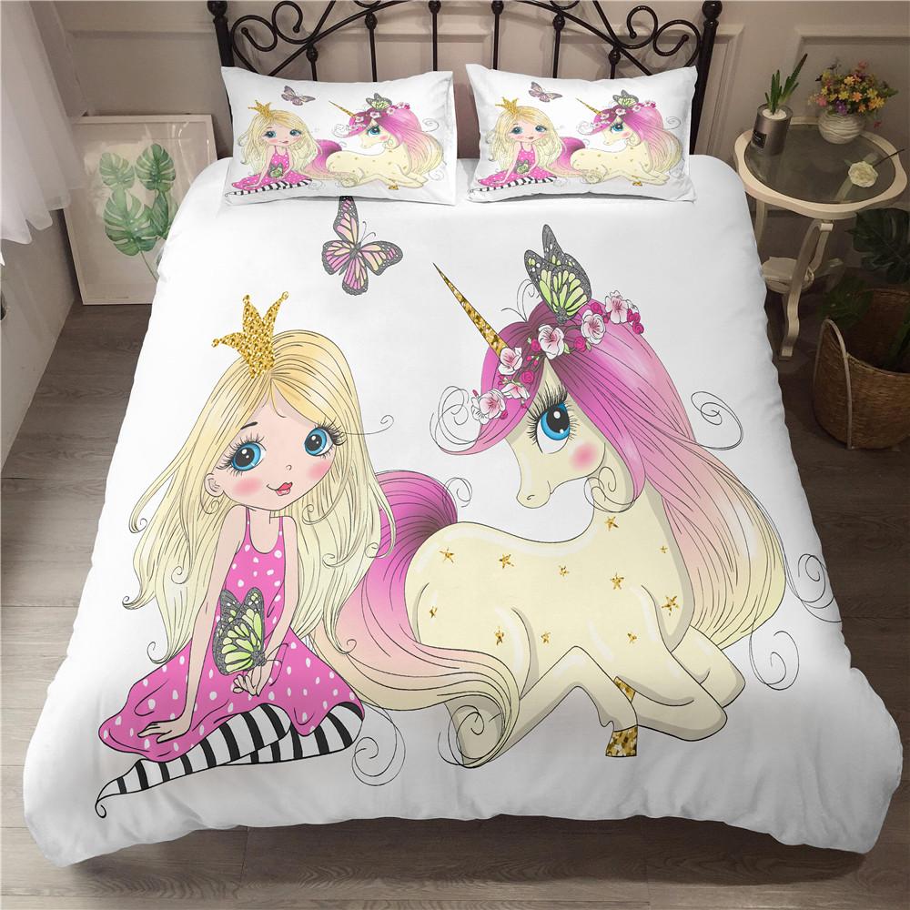 Cute Unicorn Duvet Cover Set Girly Pink Castle Bedding Set Single Twin Size For Princess Girl Dedicated Bedroom Decor Bedclothes