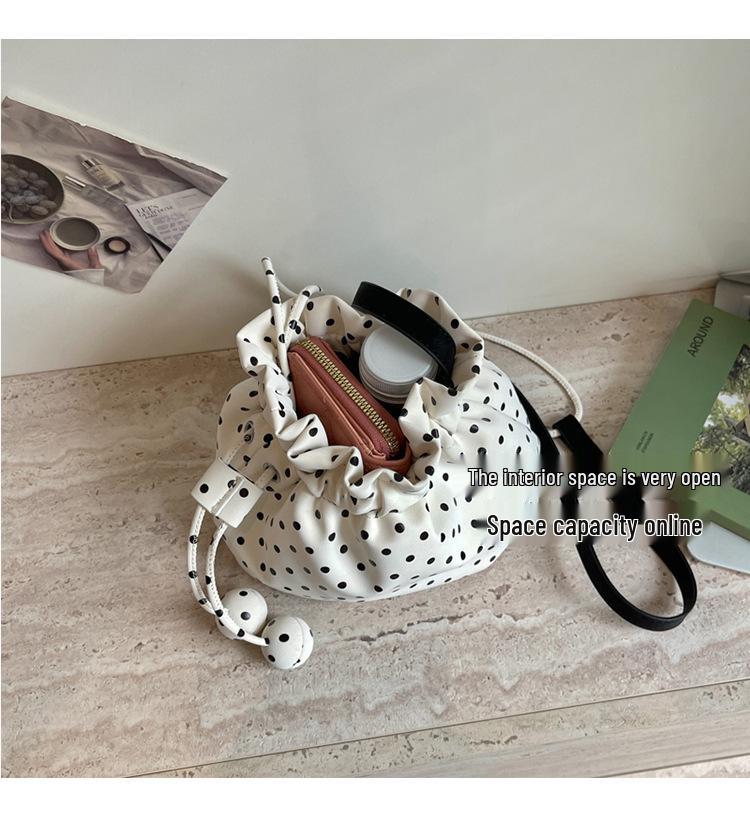 Women's Polka Dot Drawstring Shoulder Bag - Large Capacity Pleated PU Leather Crossbody for Fashion & Commute