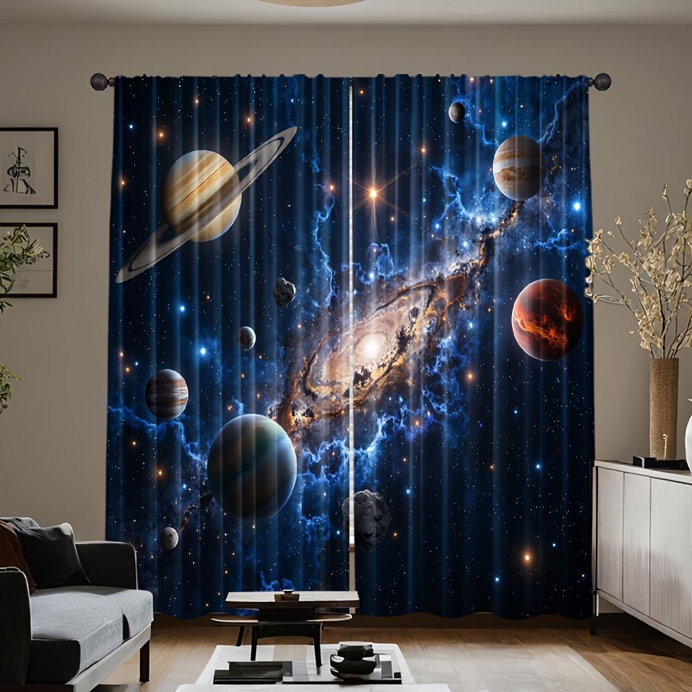 Set Of 2 Space Roller Blind Blue Galaxy Polyester Themed Curtains Astronaut Planetary Design Light Filteri Curtain