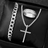 3 Stück-Neues Edelstahl Kreuz Kubanische Kette Armband Halskette Ring Set für Herren Hip Hop Punk Schlangenkette Armbänder Mode Unisex
