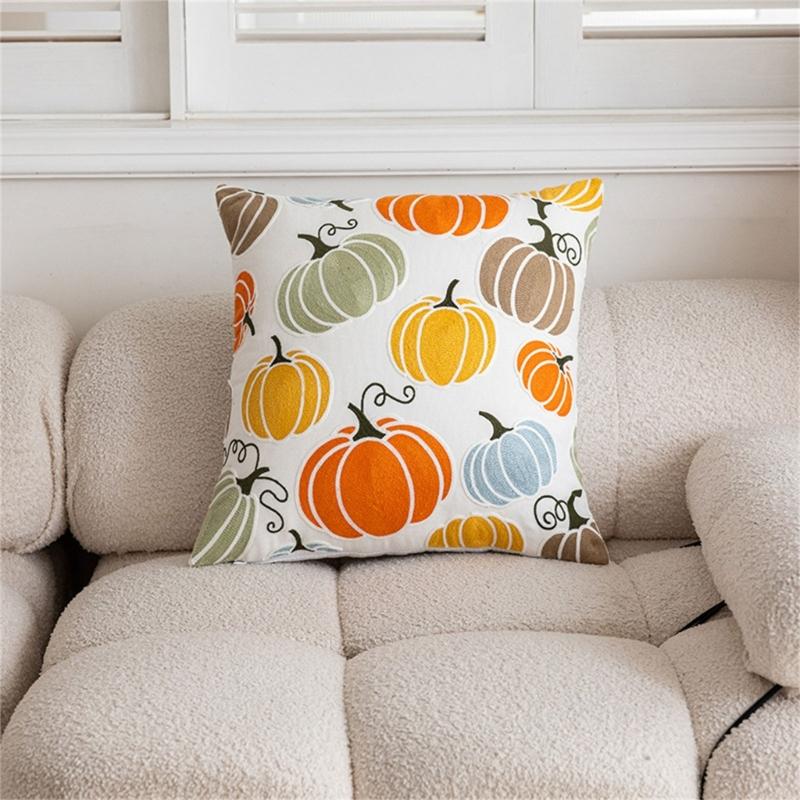 Cushion Cover Colorful Pumpkin Embroidery Cushion Case Throw Pillow Cover for Sofa and Bedroom Comfort, Poly Cotton