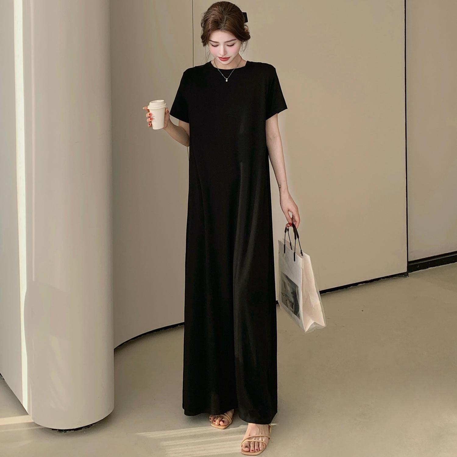 

DIMANAF 2025 Summer Plus Size Dress Women Casual Vintage Cotton Long Dress Loose Basic Solid Short Sleeve Dress 3XL чёрный