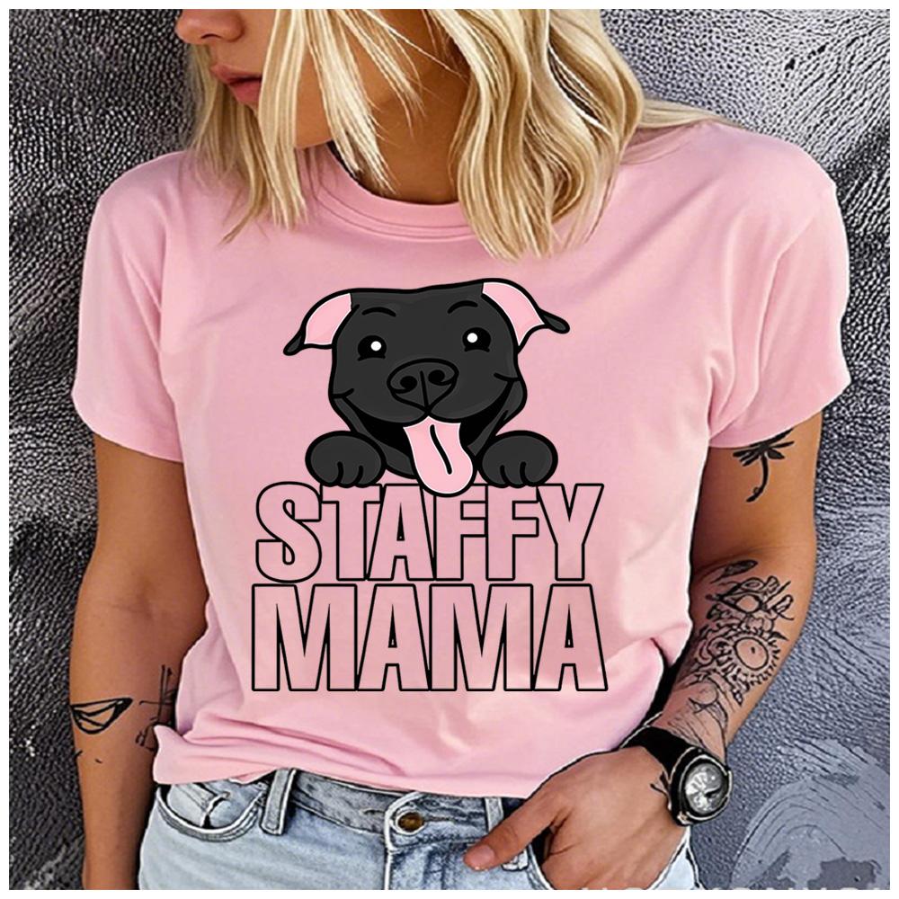 Polyester 100% Staffy Mama Cartoon Staffie Print T Shirt Women Staffordshire Bull Terrier Lover Casual Daily Basic Short Sleeve Top