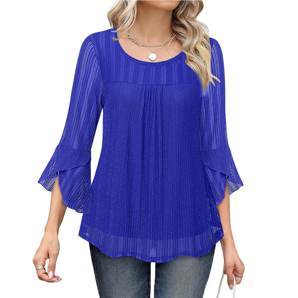Women's Crew Neck Three Quarter Sleeve Mesh Top Slim Fit Elegant Chiffon Blouse