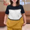 ZANZEA Women Casual Round Neck Short Sleeve Loose Patchwork Blouse