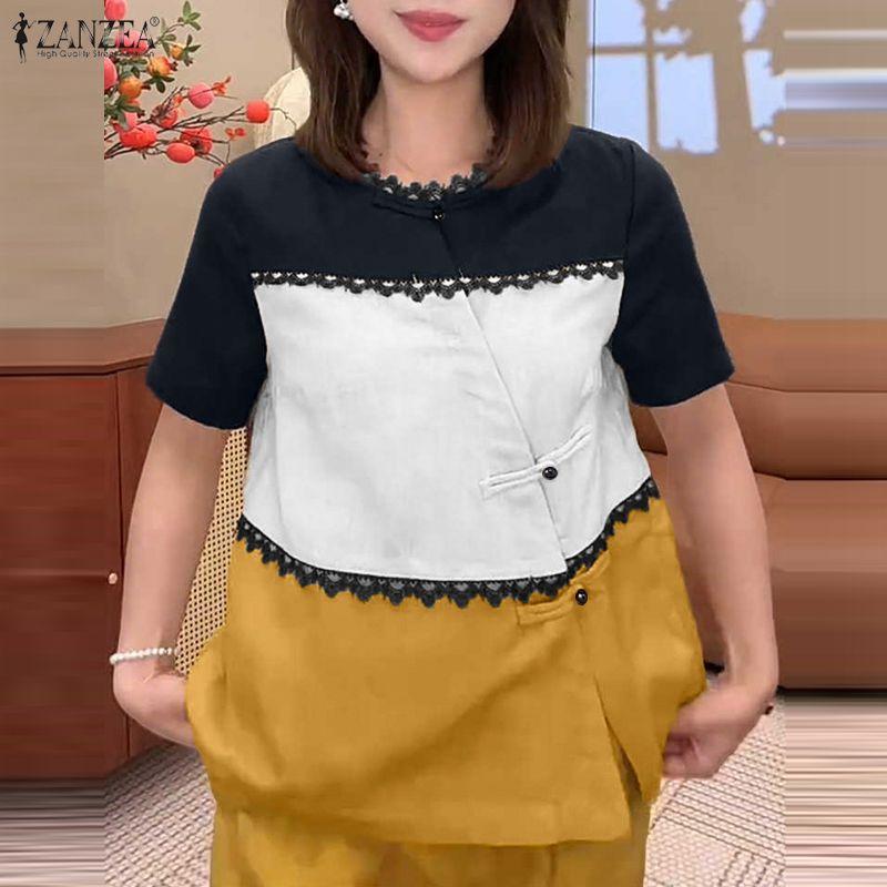ZANZEA Women Casual Round Neck Short Sleeve Loose Patchwork Blouse