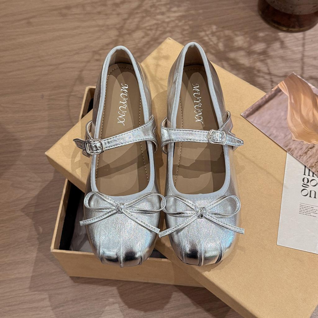 French Inner Height Increase Silver Single Shoes Women's 2025 New Summer Skirt Ballet Evening Shoes Mary Jane Small Leather Shoes