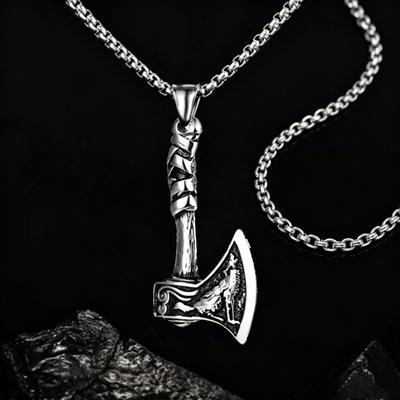 Punk herr Halsband Med Vikingayxa Hänge Silver Vintage Vargmönster Hip Hop Rock Smycken Halsaccessoarer Gåvor