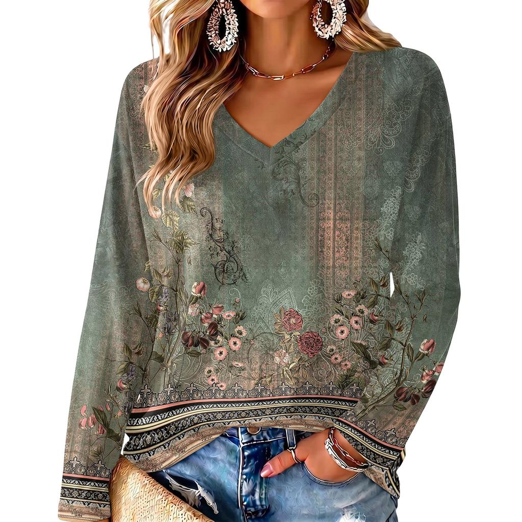 Women's V-Neck Long Sleeve Print Blouse Lightweight for Spring Summer