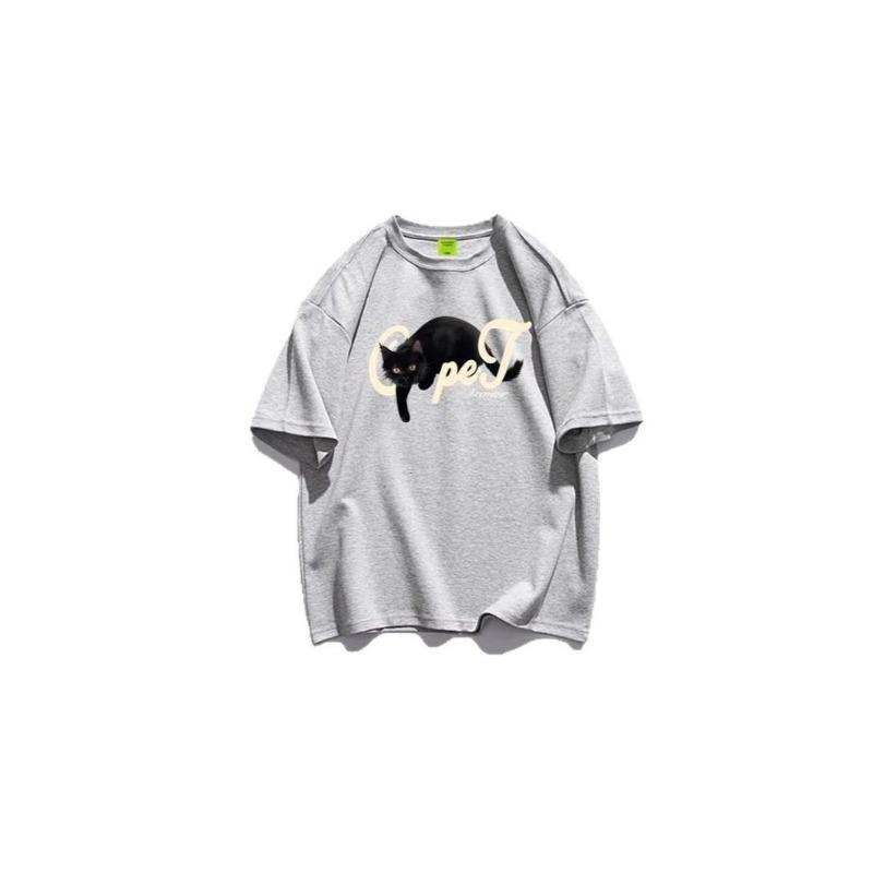 Men Black Cat Graphic Print Oversized Short Sleeve T Shirt Casual Loose Streetwear Summer Top