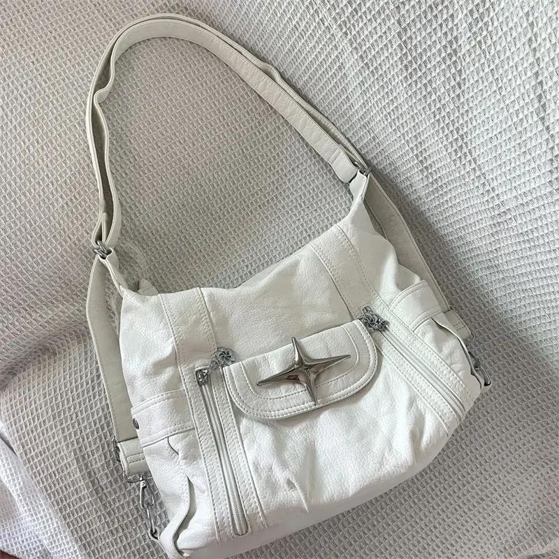 Y2k Large Capacity Shoulder Bag White Pu Leather Star Handbag American Style Punk Goth Fashion Simple Designer Handbag Tote Bag