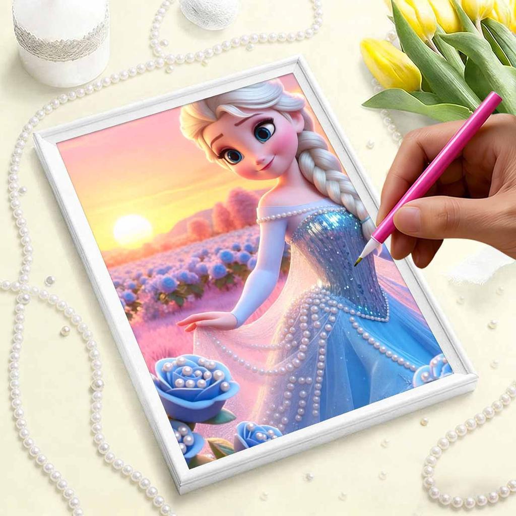 Blue Rose Sunset Elsa Pearl-Inlaid Frameless Art | Handmade Pearl Craft, Blue Rose Theme, for Soft Dreamy Home Decor & Gift Option