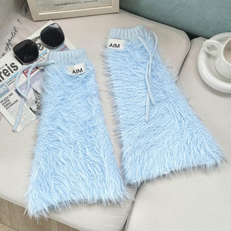 Womens Y2K Girls Winter Furry Leg Warmer wtih Drawstring Harajuku Letter Label Furry Plush Flared Boot Cover Long Socks
