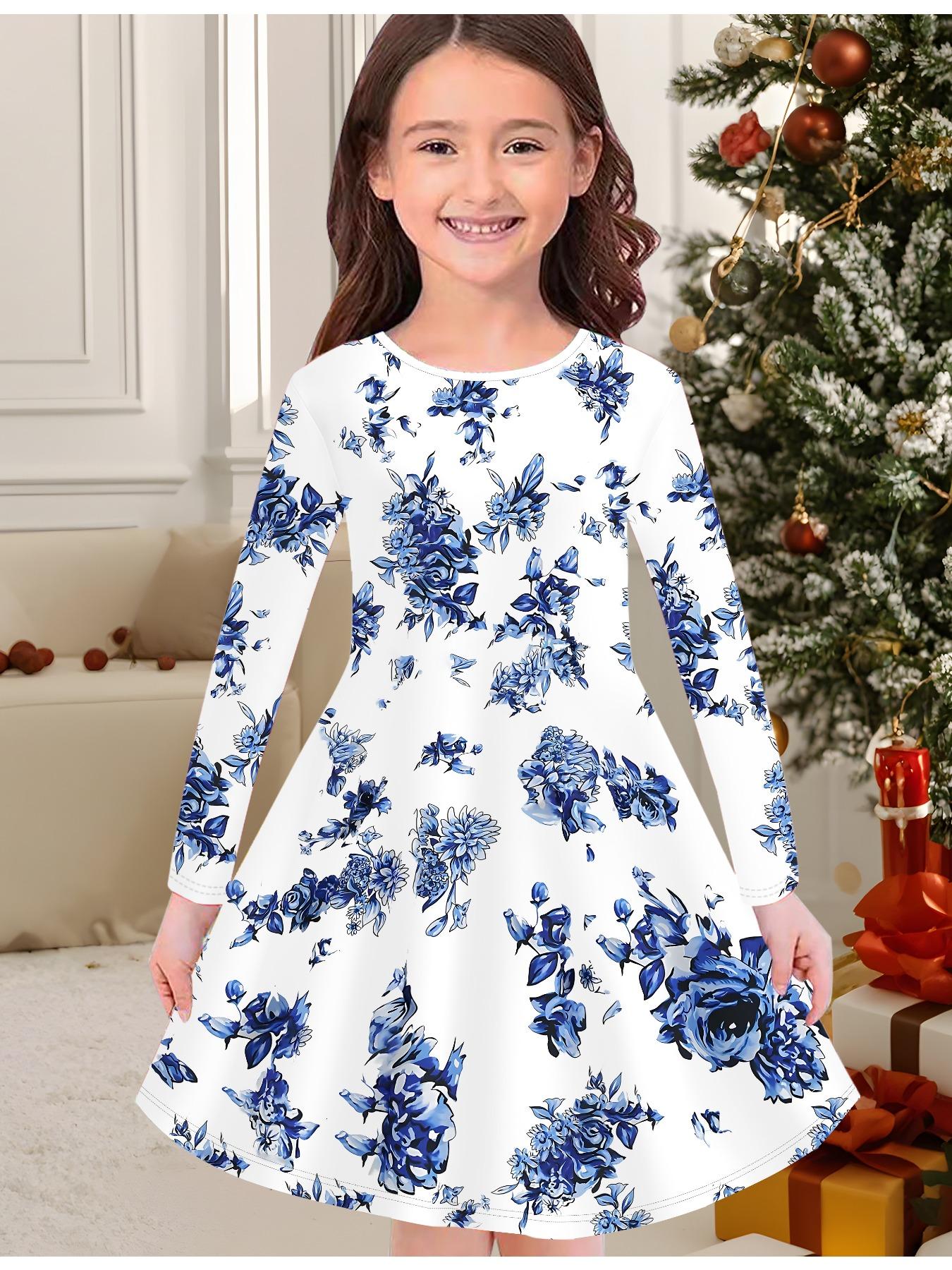 

Модное осенне-зимнее платье для девочек, платье-футболка с длинным рукавом и круглым вырезом, с 3D цветочным принтом, повседневное, универсальное, рождественская одежда 130 темно-синий