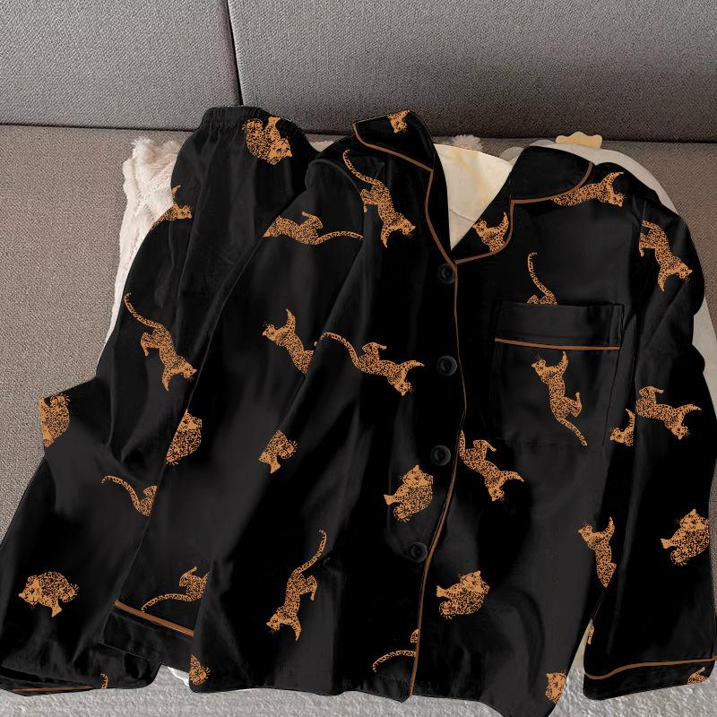 Black Leopard Imitation Cotton Pajamas Women'S Spring And Autumn Long-Sleeved Trousers High-End Wearable Loungewear Set