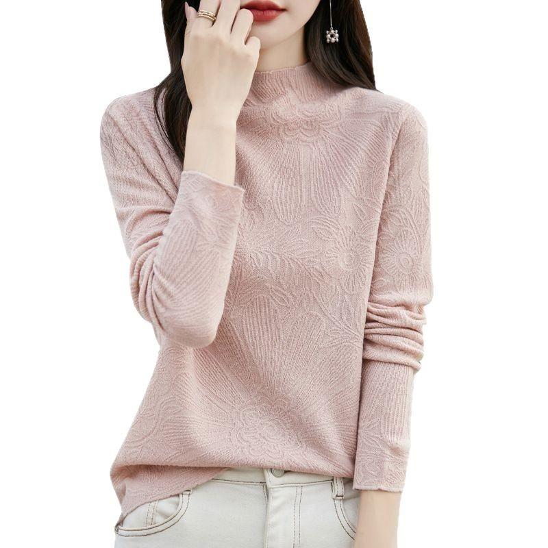 Elegant three-dimensional carved worsted thin semi-turtleneck knitted bottoming shirt femininity with thin top