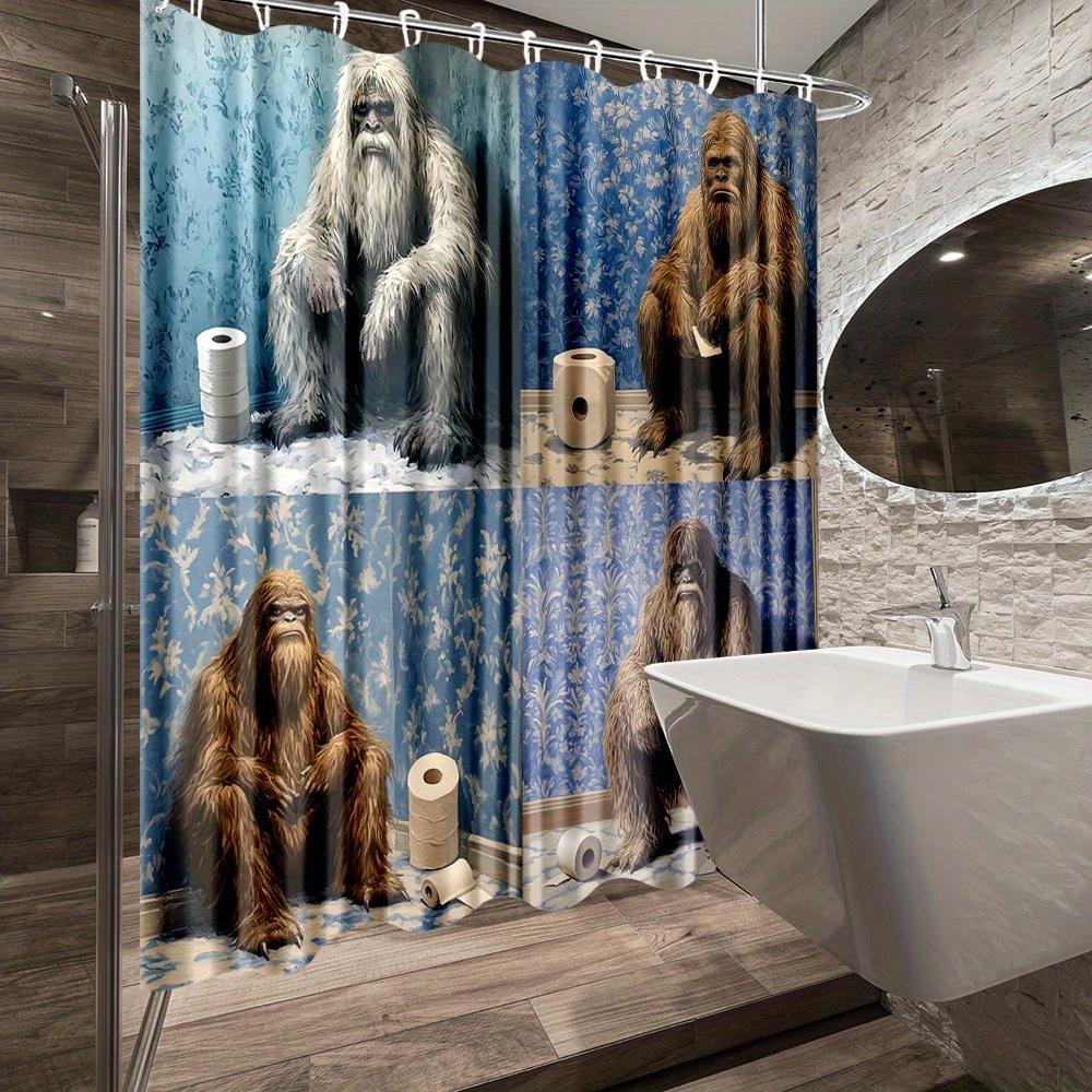 1Pc Funny Bigfoot Shower Curtain With 4-Panel Humorous Scenes - Durable Polyester Fabric, Machine Washable, Includes 12 Hooks,