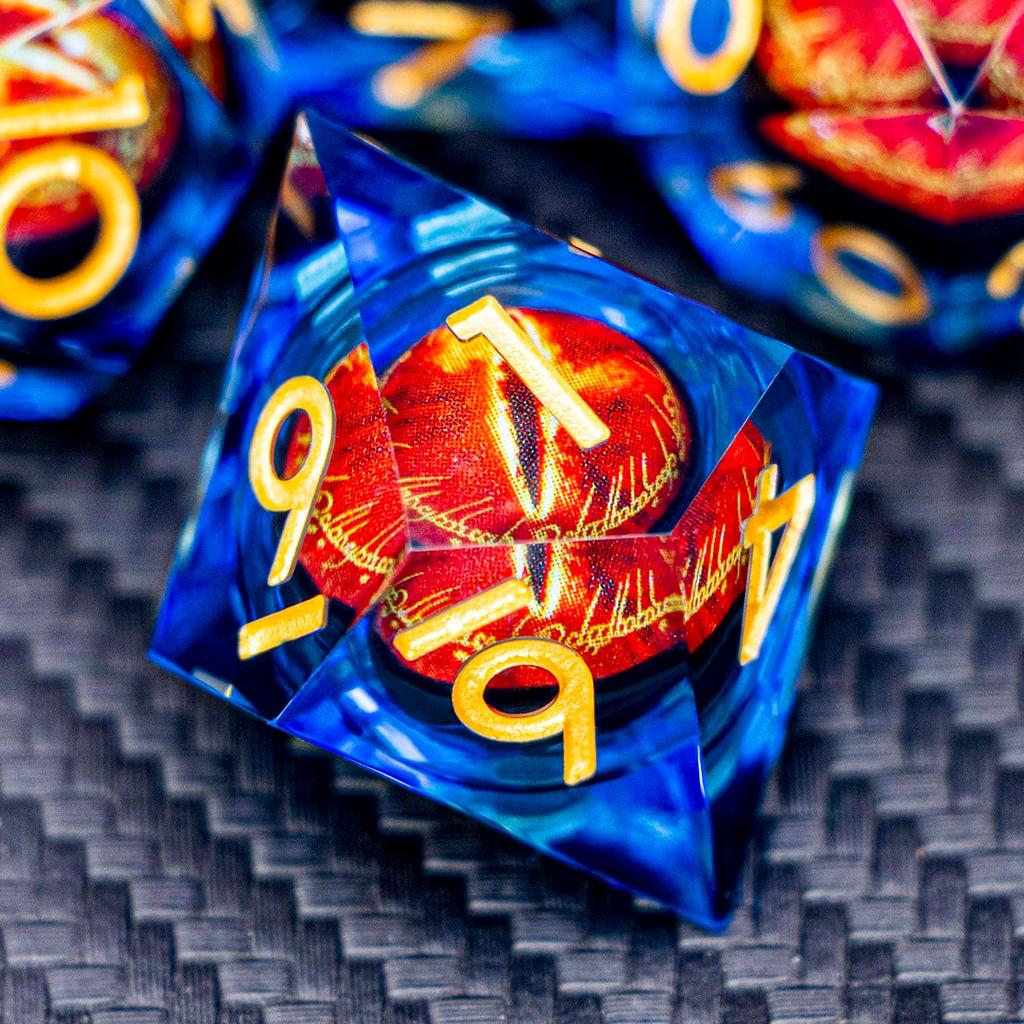 Runes DND Resin Dice Gazes Eye Dice Golden Blue Liquid Core Flaming RPG Sharp Edged Dice Set with Gift Box Polyhedral Compatible