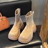 Stylish Back Zip Block Heel Single Boots Autumn New Round Toe Paneled Suede Platform Anti-Slip Wear-Resistant Booties