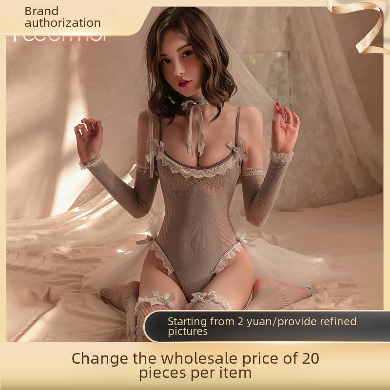 Feimu Romantic Bridal Lingerie Set: Elastic Mesh One-Piece and Stockings