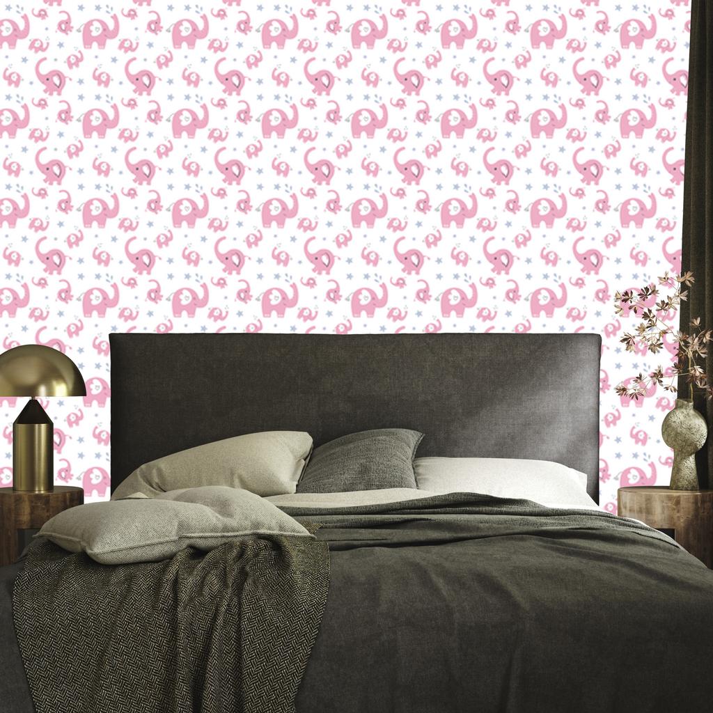 Elephants Wallpaper White, Powder Pink and Light Gray 50x1000
