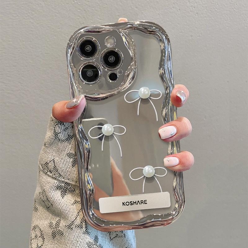 Applicable To Apple 15 Mobile Phone Case Iphone14pm Pearl Bow Bracket 13/12 Electroplated Silver 11 Three-dimensional 7/8